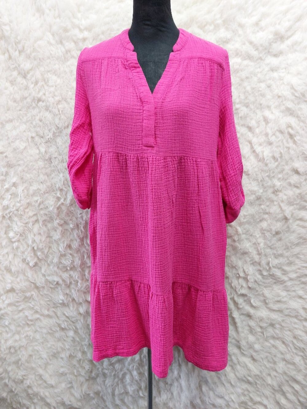 Chico's Women's Cotton Pink Gauze Tiered Roll Tab Sleeve Tunic Dress 4
